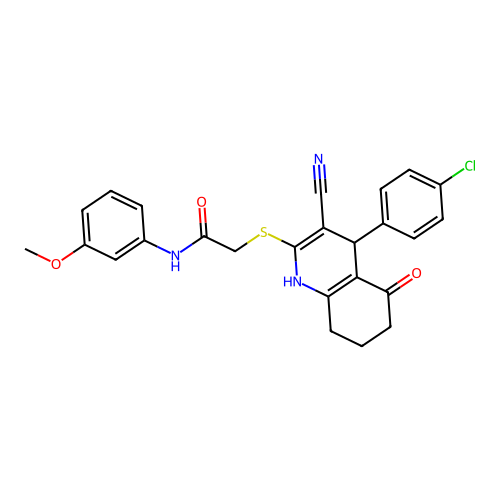 2-((4-(4-chlorophenyl)-3-cyano-5-oxo-1,4,5,6,7,8-hexahydroquinolin-2-yl)thio)-N-(3-methoxyphenyl)acetamide structure
