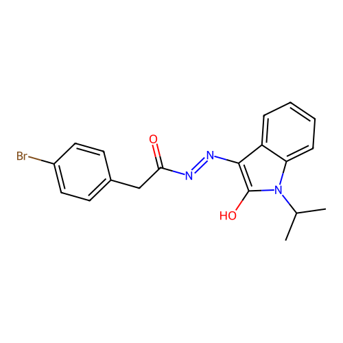 2-(4-bromophenyl)-N-[(2-oxo-1-propan-2-ylindol-3-ylidene)amino]acetamide structure