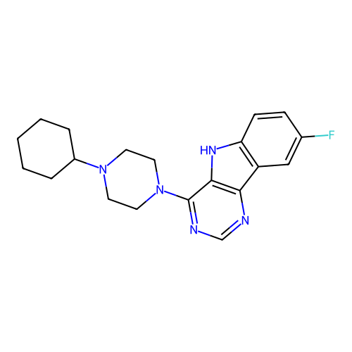 4-(4-cyclohexylpiperazin-1-yl)-8-fluoro-5H-pyrimido[5,4-b]indole structure