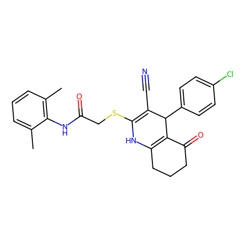 2-((4-(4-chlorophenyl)-3-cyano-5-oxo-1,4,5,6,7,8-hexahydroquinolin-2-yl)thio)-N-(2,6-dimethylphenyl)acetamide structure