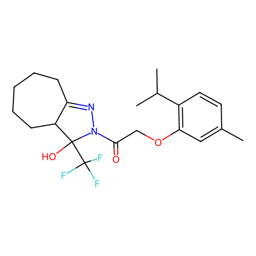 1-(3-hydroxy-3-(trifluoromethyl)-3a,4,5,6,7,8-hexahydrocyclohepta[c]pyrazol-2(3H)-yl)-2-(2-isopropyl-5-methylphenoxy)ethanone structure