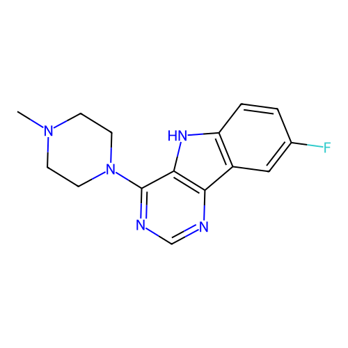 8-fluoro-4-(4-methylpiperazin-1-yl)-5H-pyrimido[5,4-b]indole structure