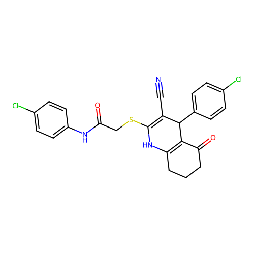 N-(4-chlorophenyl)-2-((4-(4-chlorophenyl)-3-cyano-5-oxo-1,4,5,6,7,8-hexahydroquinolin-2-yl)thio)acetamide structure