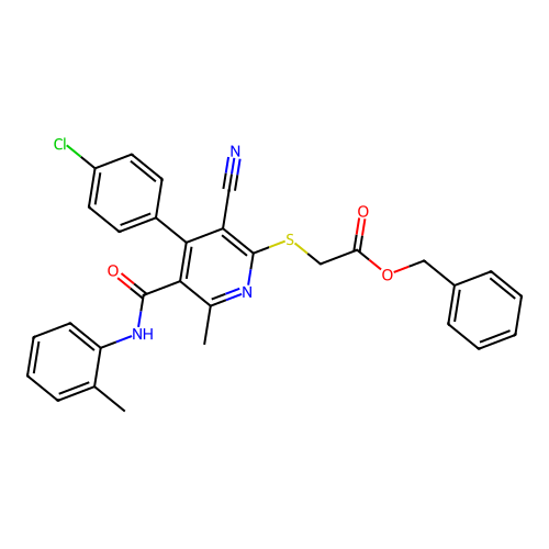 benzyl ({4-(4-chlorophenyl)-3-cyano-6-methyl-5-[(2-methylphenyl)carbamoyl]pyridin-2-yl}sulfanyl)acetate structure