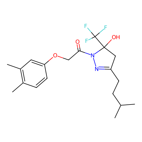 2-(3,4-dimethylphenoxy)-1-(5-hydroxy-3-isopentyl-5-(trifluoromethyl)-4,5-dihydro-1H-pyrazol-1-yl)ethanone structure