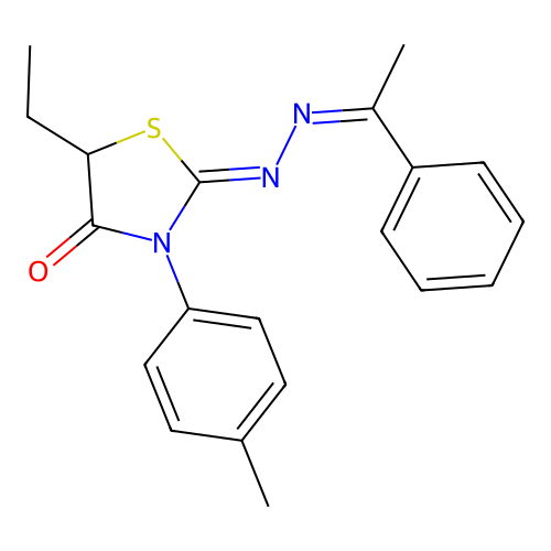 (Z)-5-ethyl-2-((Z)-(1-phenylethylidene)hydrazono)-3-(p-tolyl)thiazolidin-4-one structure