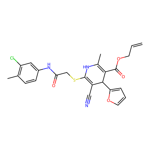allyl 6-((2-((3-chloro-4-methylphenyl)amino)-2-oxoethyl)thio)-5-cyano-4-(furan-2-yl)-2-methyl-1,4-dihydropyridine-3-carboxylate structure