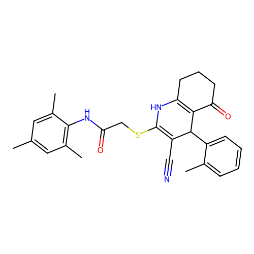 2-{[3-cyano-4-(2-methylphenyl)-5-oxo-1,4,5,6,7,8-hexahydroquinolin-2-yl]sulfanyl}-N-(2,4,6-trimethylphenyl)acetamide structure