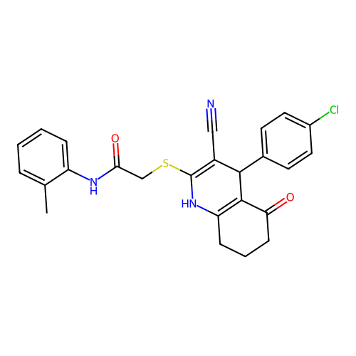 2-((4-(4-chlorophenyl)-3-cyano-5-oxo-1,4,5,6,7,8-hexahydroquinolin-2-yl)thio)-N-(o-tolyl)acetamide structure