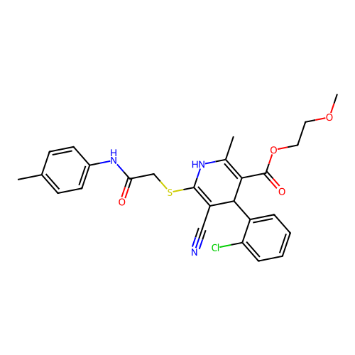 2-methoxyethyl 4-(2-chlorophenyl)-5-cyano-2-methyl-6-((2-oxo-2-(p-tolylamino)ethyl)thio)-1,4-dihydropyridine-3-carboxylate structure