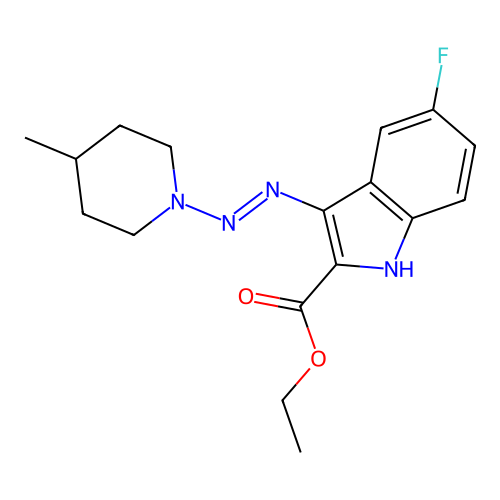 ethyl 5-fluoro-3-[(E)-(4-methylpiperidin-1-yl)diazenyl]-1H-indole-2-carboxylate structure