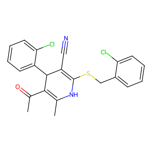 5-acetyl-2-[(2-chlorobenzyl)sulfanyl]-4-(2-chlorophenyl)-6-methyl-1,4-dihydropyridine-3-carbonitrile structure