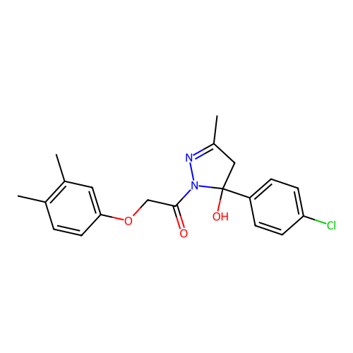 1-[5-(4-chlorophenyl)-5-hydroxy-3-methyl-4H-pyrazol-1-yl]-2-(3,4-dimethylphenoxy)ethanone structure