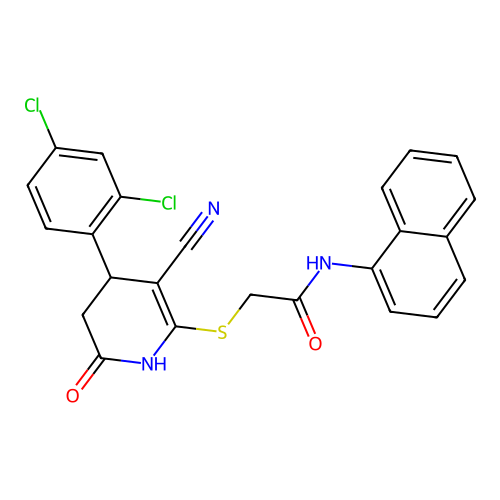 2-((3-cyano-4-(2,4-dichlorophenyl)-6-oxo-1,4,5,6-tetrahydropyridin-2-yl)thio)-N-(naphthalen-1-yl)acetamide structure