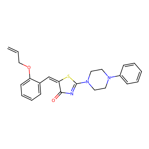 (5E)-2-(4-phenylpiperazin-1-yl)-5-[(2-prop-2-enoxyphenyl)methylidene]-1,3-thiazol-4-one structure