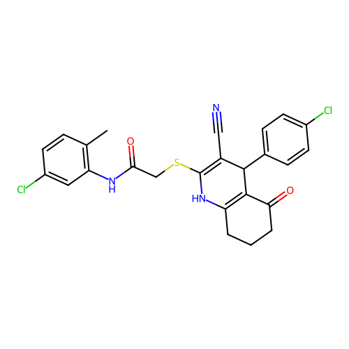 N-(5-chloro-2-methylphenyl)-2-((4-(4-chlorophenyl)-3-cyano-5-oxo-1,4,5,6,7,8-hexahydroquinolin-2-yl)thio)acetamide structure
