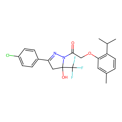 1-[3-(4-chlorophenyl)-5-hydroxy-5-(trifluoromethyl)-4,5-dihydro-1H-pyrazol-1-yl]-2-[5-methyl-2-(propan-2-yl)phenoxy]ethanone structure