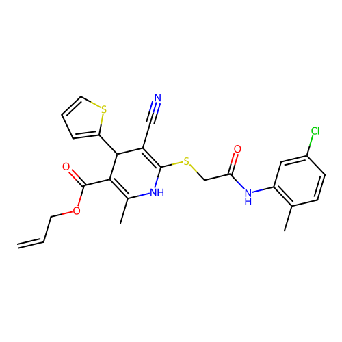 allyl 6-((2-((5-chloro-2-methylphenyl)amino)-2-oxoethyl)thio)-5-cyano-2-methyl-4-(thiophen-2-yl)-1,4-dihydropyridine-3-carboxylate structure