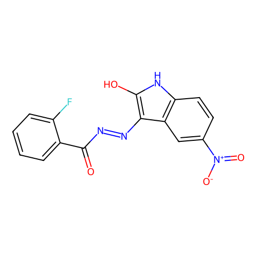 2-fluoro-N'-[(3Z)-5-nitro-2-oxo-1,2-dihydro-3H-indol-3-ylidene]benzohydrazide structure