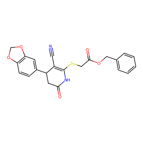 benzyl {[4-(1,3-benzodioxol-5-yl)-3-cyano-6-oxo-1,4,5,6-tetrahydropyridin-2-yl]sulfanyl}acetate structure