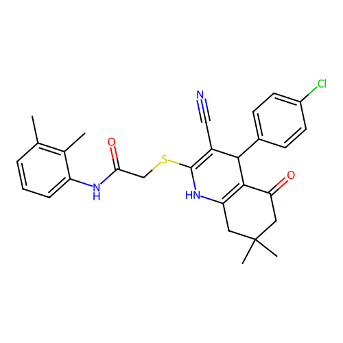 2-((4-(4-chlorophenyl)-3-cyano-7,7-dimethyl-5-oxo-1,4,5,6,7,8-hexahydroquinolin-2-yl)thio)-N-(2,3-dimethylphenyl)acetamide structure