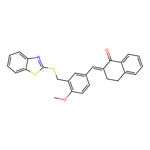 (E)-2-(3-((benzo[d]thiazol-2-ylthio)methyl)-4-methoxybenzylidene)-3,4-dihydronaphthalen-1(2H)-one structure