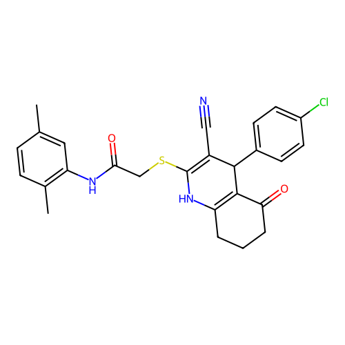 2-((4-(4-chlorophenyl)-3-cyano-5-oxo-1,4,5,6,7,8-hexahydroquinolin-2-yl)thio)-N-(2,5-dimethylphenyl)acetamide structure