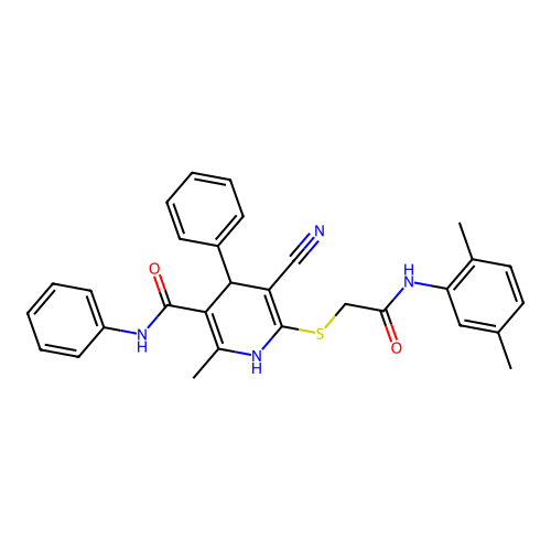 5-cyano-6-((2-((2,5-dimethylphenyl)amino)-2-oxoethyl)thio)-2-methyl-N,4-diphenyl-1,4-dihydropyridine-3-carboxamide structure