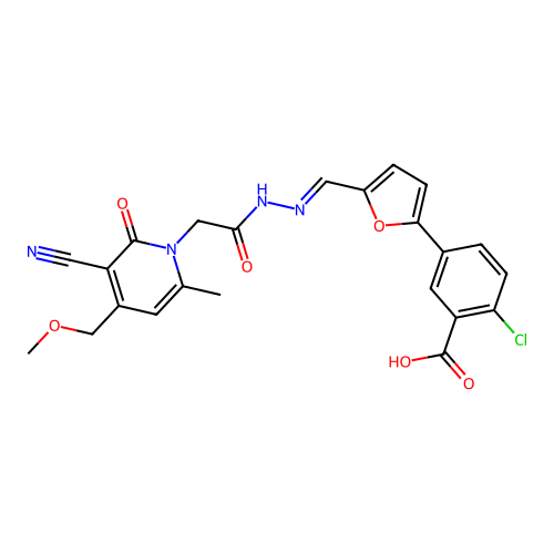 2-Chloro-5-(5-{[2-(3-cyano-4-methoxymethyl-6-methyl-2-oxo-2H-pyridin-1-yl)-acetyl]-hydrazonomethyl}-furan-2-yl)-benzoic acid structure