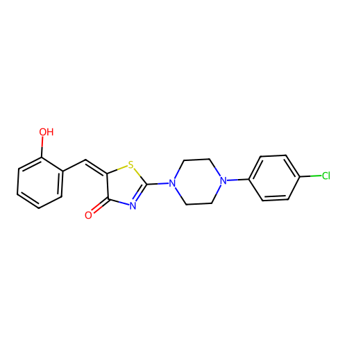 (5E)-2-[4-(4-chlorophenyl)piperazin-1-yl]-5-(2-hydroxybenzylidene)-1,3-thiazol-4(5H)-one structure