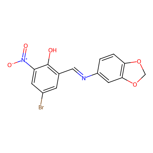 2-[(E)-Benzo[1,3]dioxol-5-yliminomethyl]-4-bromo-6-nitro-phenol structure