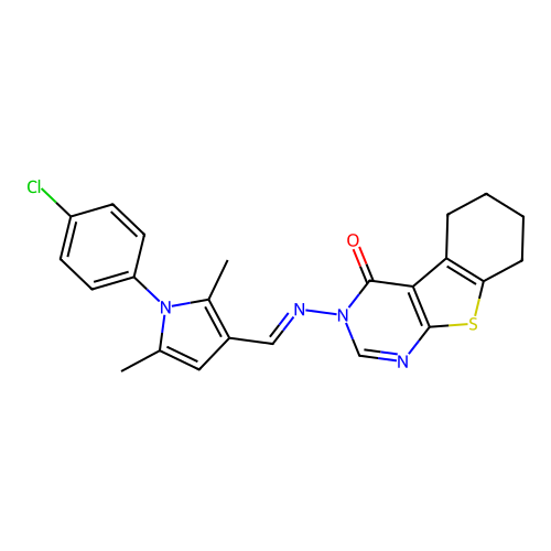 (E)-3-(((1-(4-chlorophenyl)-2,5-dimethyl-1H-pyrrol-3-yl)methylene)amino)-5,6,7,8-tetrahydrobenzo[4,5]thieno[2,3-d]pyrimidin-4(3H)-one structure