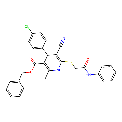 benzyl 4-(4-chlorophenyl)-5-cyano-2-methyl-6-((2-oxo-2-(phenylamino)ethyl)thio)-1,4-dihydropyridine-3-carboxylate structure