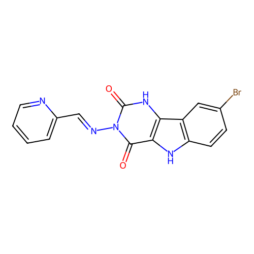 (E)-8-bromo-3-((pyridin-2-ylmethylene)amino)-1H-pyrimido[5,4-b]indole-2,4(3H,5H)-dione structure