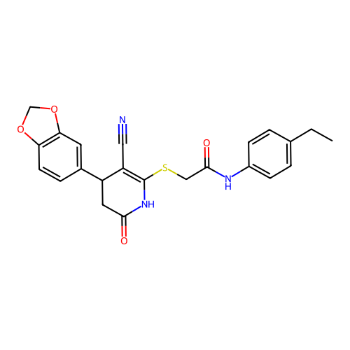 2-((4-(benzo[d][1,3]dioxol-5-yl)-3-cyano-6-oxo-1,4,5,6-tetrahydropyridin-2-yl)thio)-N-(4-ethylphenyl)acetamide structure