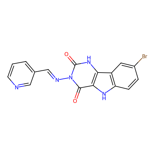 (E)-8-bromo-3-((pyridin-3-ylmethylene)amino)-1H-pyrimido[5,4-b]indole-2,4(3H,5H)-dione structure