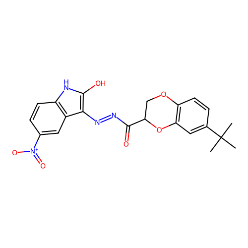 (E)-7-(tert-butyl)-N'-(5-nitro-2-oxoindolin-3-ylidene)-2,3-dihydrobenzo[b][1,4]dioxine-2-carbohydrazide structure