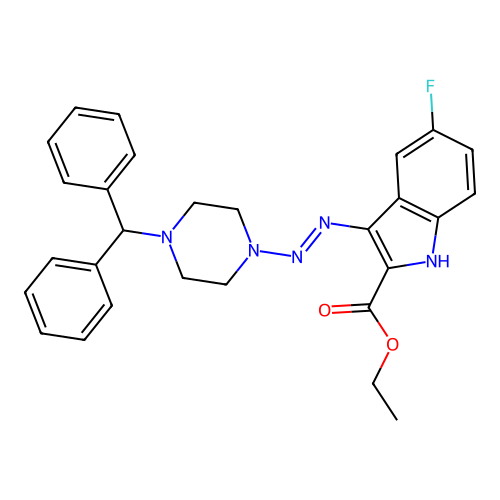 (E)-ethyl 3-((4-benzhydrylpiperazin-1-yl)diazenyl)-5-fluoro-1H-indole-2-carboxylate structure