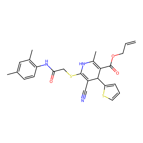 allyl 5-cyano-6-((2-((2,4-dimethylphenyl)amino)-2-oxoethyl)thio)-2-methyl-4-(thiophen-2-yl)-1,4-dihydropyridine-3-carboxylate structure