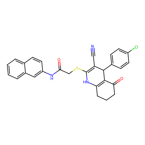 2-((4-(4-chlorophenyl)-3-cyano-5-oxo-1,4,5,6,7,8-hexahydroquinolin-2-yl)thio)-N-(naphthalen-2-yl)acetamide structure