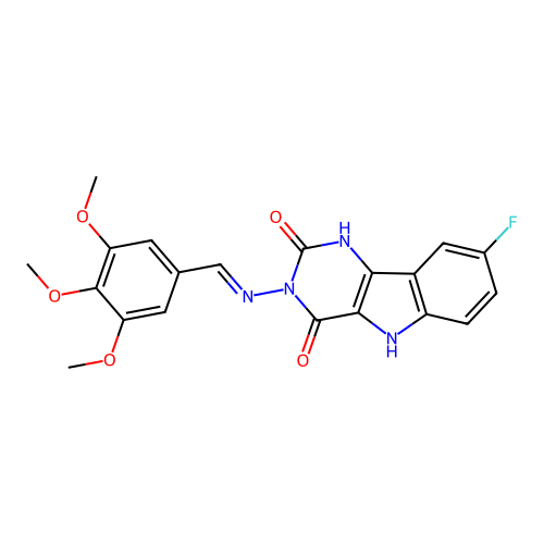 (E)-8-fluoro-3-((3,4,5-trimethoxybenzylidene)amino)-1H-pyrimido[5,4-b]indole-2,4(3H,5H)-dione structure