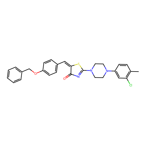 (5E)-2-[4-(3-chloro-4-methylphenyl)piperazin-1-yl]-5-[(4-phenylmethoxyphenyl)methylidene]-1,3-thiazol-4-one structure