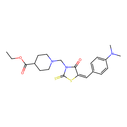 (E)-ethyl 1-((5-(4-(dimethylamino)benzylidene)-4-oxo-2-thioxothiazolidin-3-yl)methyl)piperidine-4-carboxylate structure