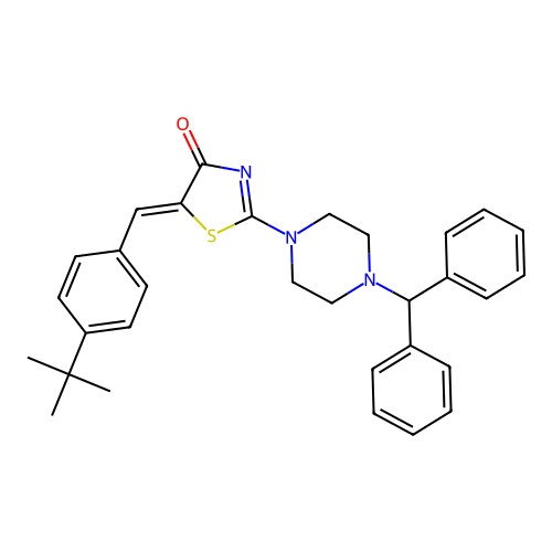(Z)-2-(4-benzhydrylpiperazin-1-yl)-5-(4-(tert-butyl)benzylidene)thiazol-4(5H)-one structure