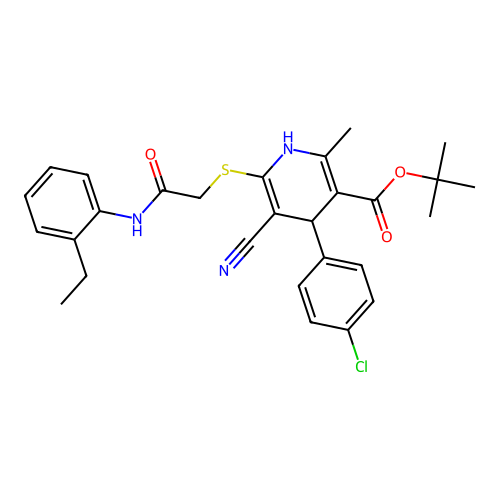 tert-butyl 4-(4-chlorophenyl)-5-cyano-6-((2-((2-ethylphenyl)amino)-2-oxoethyl)thio)-2-methyl-1,4-dihydropyridine-3-carboxylate structure