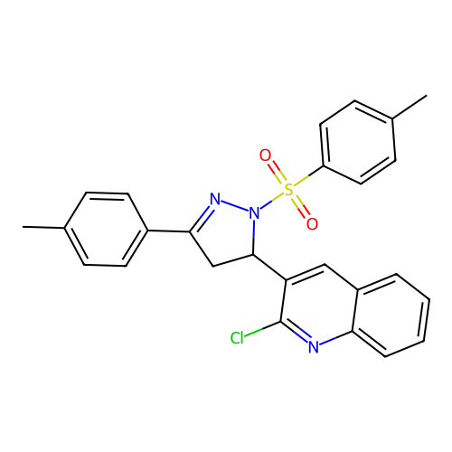 2-chloro-3-[5-(4-methylphenyl)-2-(4-methylphenyl)sulfonyl-3,4-dihydropyrazol-3-yl]quinoline structure