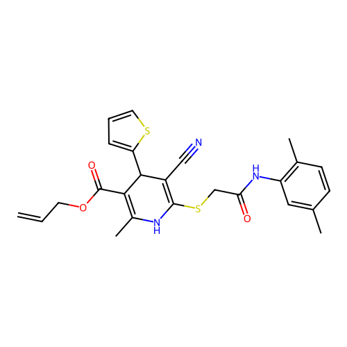 allyl 5-cyano-6-((2-((2,5-dimethylphenyl)amino)-2-oxoethyl)thio)-2-methyl-4-(thiophen-2-yl)-1,4-dihydropyridine-3-carboxylate structure