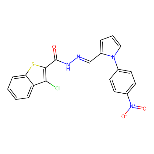 3-chloro-N-[[1-(4-nitrophenyl)pyrrol-2-yl]methylideneamino]benzothiophene-2-carboxamide structure