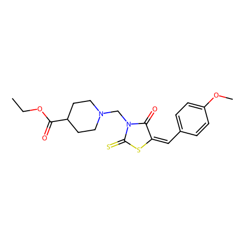 (E)-ethyl 1-((5-(4-methoxybenzylidene)-4-oxo-2-thioxothiazolidin-3-yl)methyl)piperidine-4-carboxylate structure