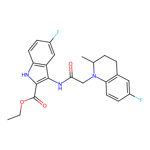 ethyl 5-fluoro-3-(2-(6-fluoro-2-methyl-3,4-dihydroquinolin-1(2H)-yl)acetamido)-1H-indole-2-carboxylate structure